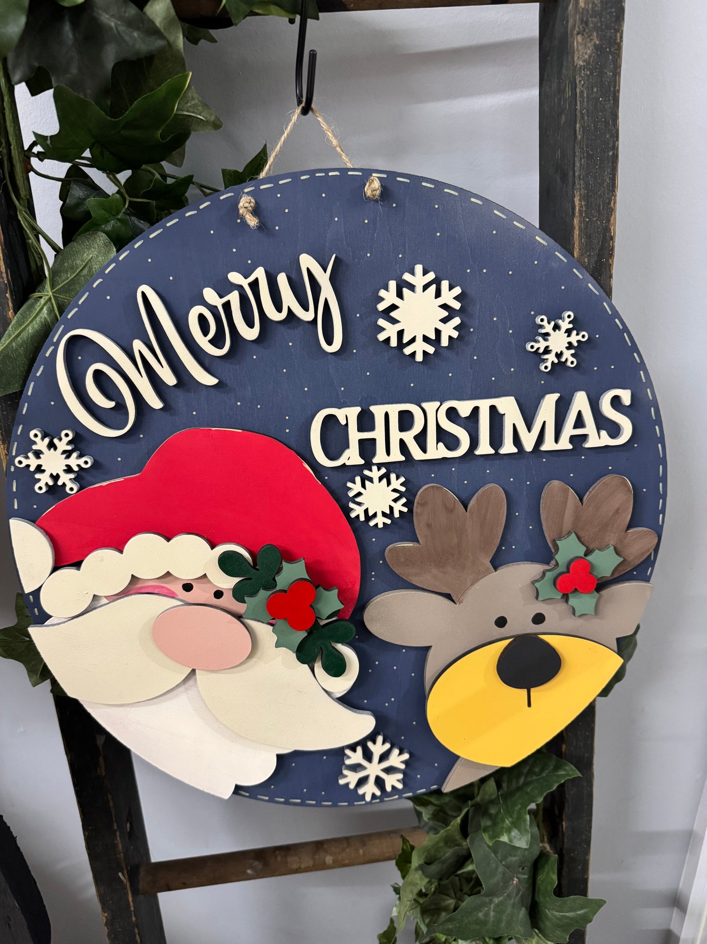 Merry Christmas Santa and Reindeer Round Sign